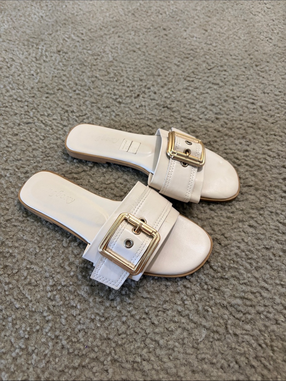 SHEIN White Slide Sandals with Gold Buckle
